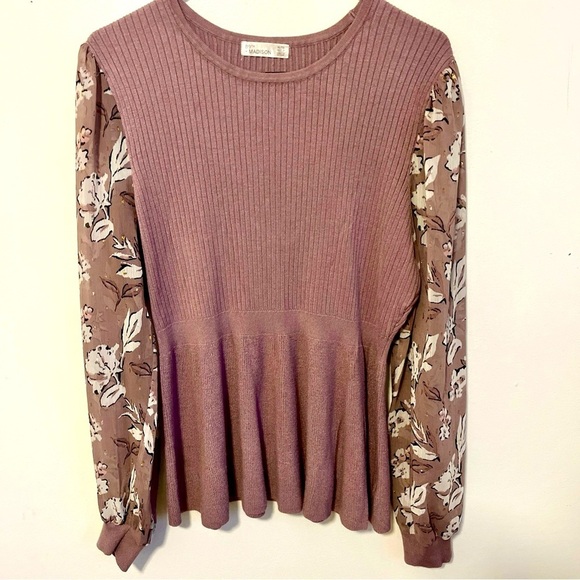 89th + Madison Lavender Peplum Pull On Sweater Bodice Sheer Sleeve Mixed Media - Picture 2 of 6